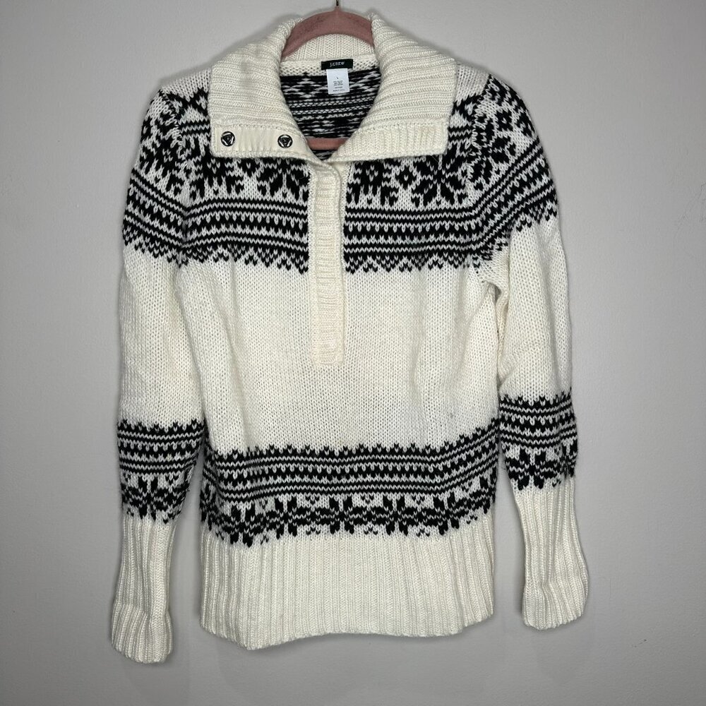 J. Crew Sweater Womens Large White Black Fair Isle Nordic Wool Mohair Snowflake